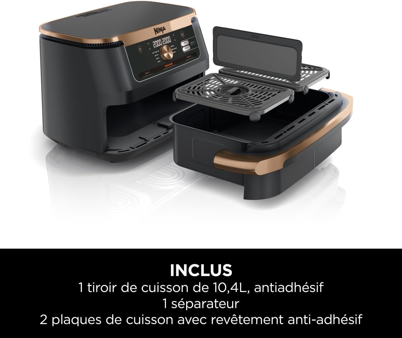 Foodi FlexDrawer Air Fryer, Dual Zone Avec Séparateur Amovible, Grand Tiroir de 10.4 L, 7-en-1, Double Zone, Pièces Antiadhésives Compatibles Au Lave-Vaisselle, Noir & Cuivre, AF500EUCP 10,4L Noir/Cuivre